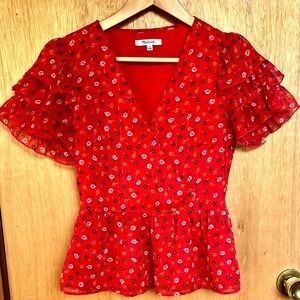Madewell Red Floral Ruffle Sleeve Peplum Top – Size 00